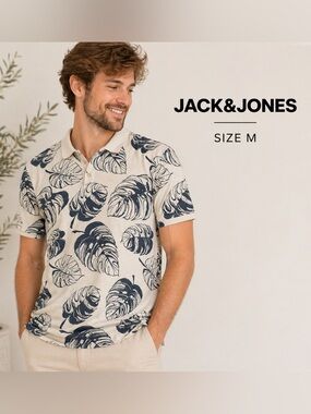 Jack & Jones Cream and Blue  Polo Shirt with Tropical Leaf Design/size M